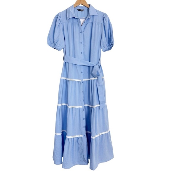 Pretty Garden Button Down Shirt Dress Short Puffy Sleeve Tiered Light Blue - Picture 3 of 8